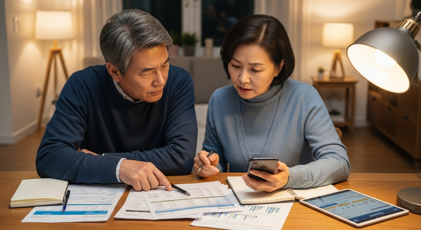 한국 노후 준비를 위해 부부가 재무 계획을 함께 검토하는 장면