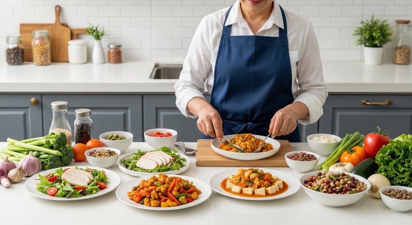 닭가슴살과 콩류, 두부 요리를 준비하며 단백질 위주 당뇨 식단을 실천하는 한국인 중장년 여성