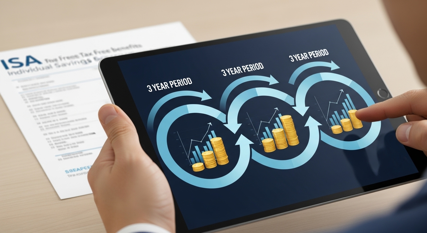 3년 주기로 ISA 계좌를 해지하고 재가입하는 풍차돌리기 전략을 상징적으로 표현한 이미지