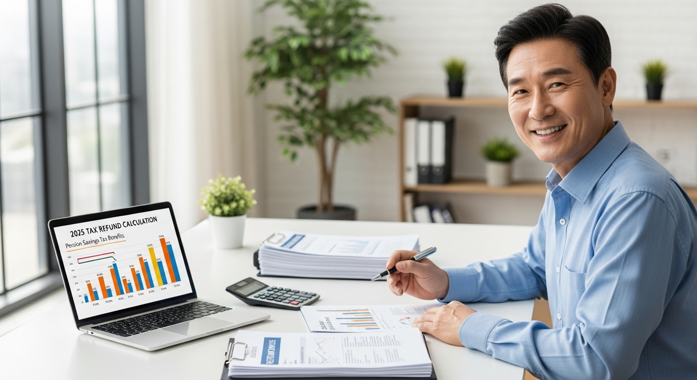 2025년 연금 저축 절세로 세금 환급을 확인하는 한국 중년 남성의 모습