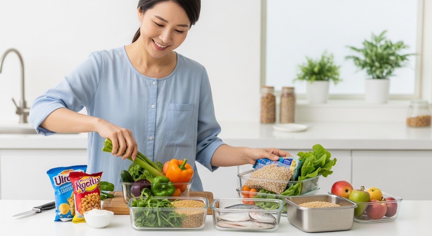 신선한 식재료를 유리와 스테인리스 용기에 담으며 플라스틱 포장 초가공식품을 멀리하는 한국인 여성 모습