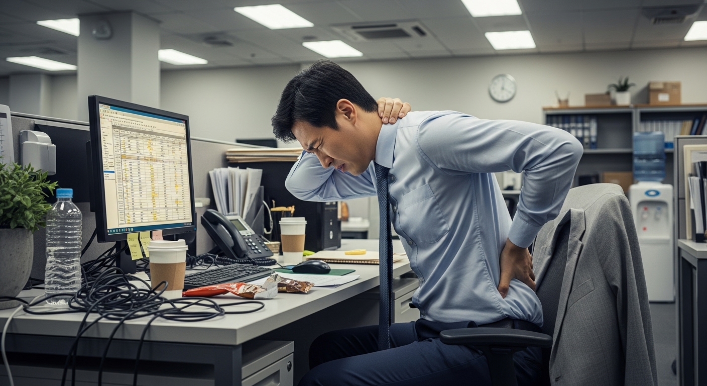 사무실에서 잘못된 자세로 앉아 목과 허리 통증을 겪는 한국인 직장인
