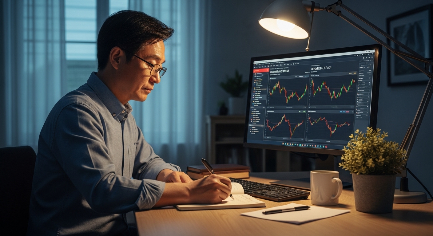 50대 후반 한국인 남성이 노후를 위해 배당주 분산 투자 계획을 세우는 모습