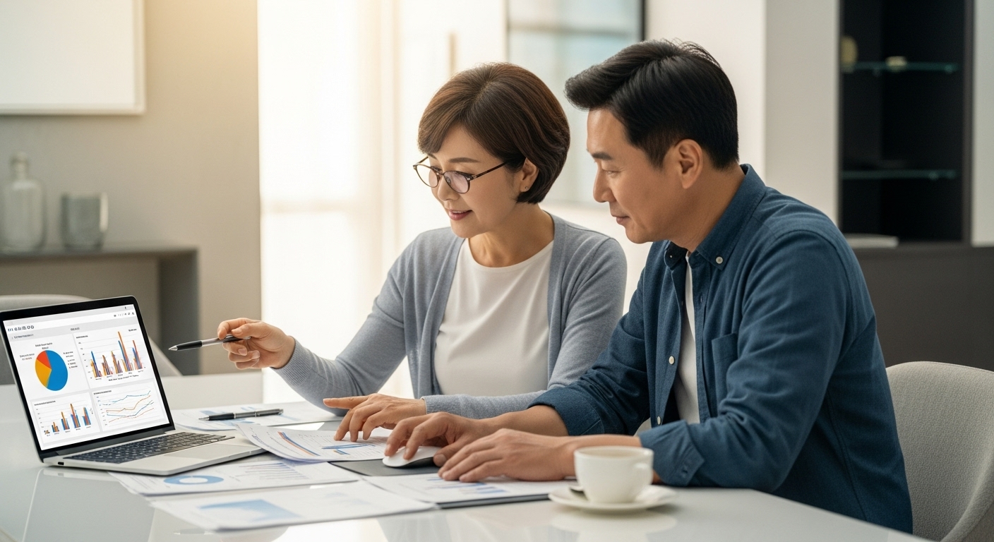 중년 한국인 부부가 금융 서류와 노후 자산 포트폴리오를 점검하는 모습
