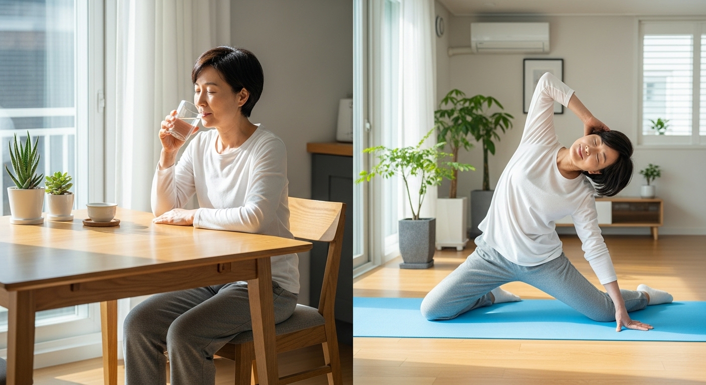 아침에 미지근한 물을 마시고 스트레칭하는 한국인 40대 직장인 모습