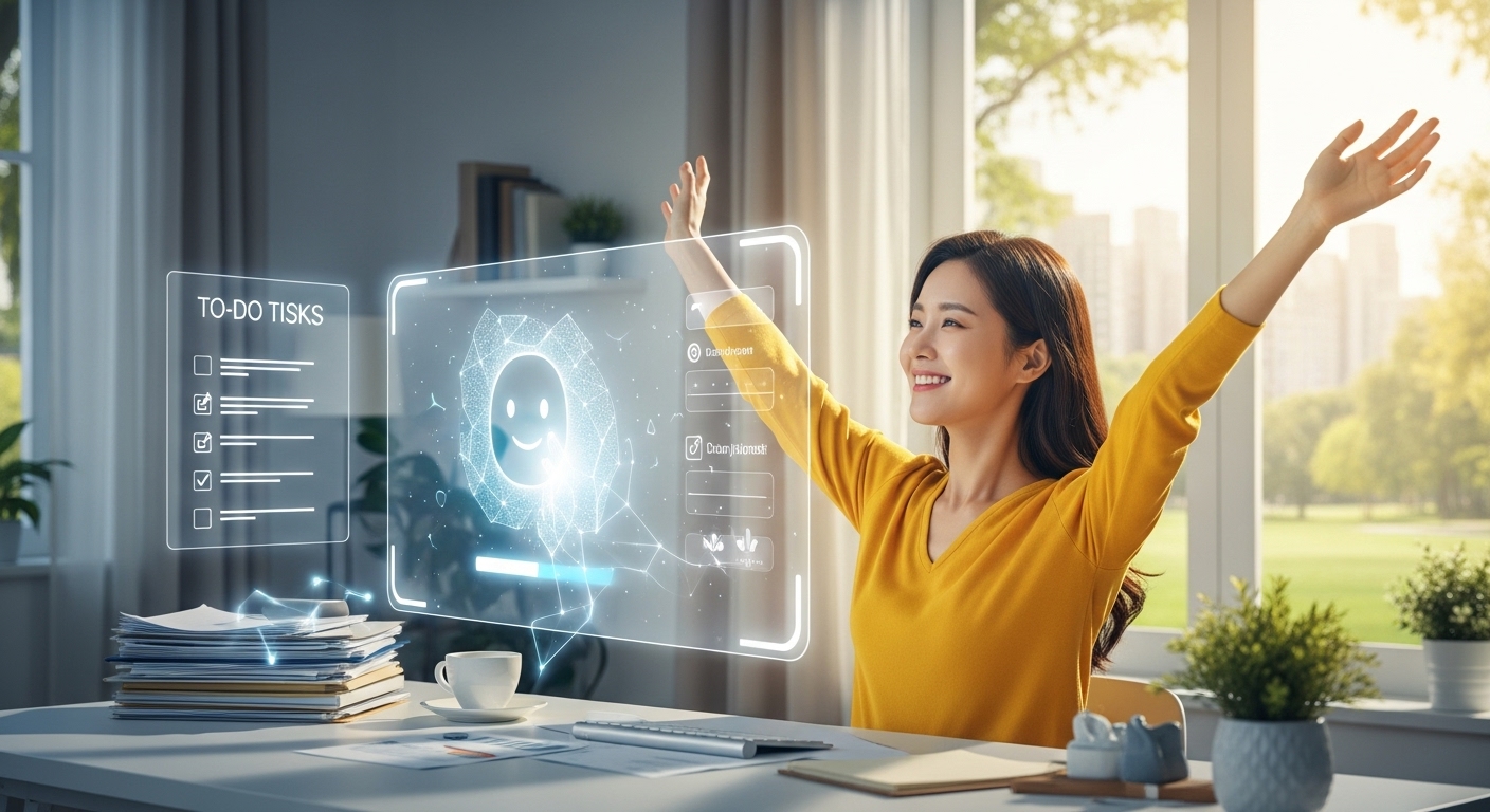 AI와 협력하여 반복 업무에서 해방되어 더 창의적인 업무에 집중하는 한국인 직장인의 모습