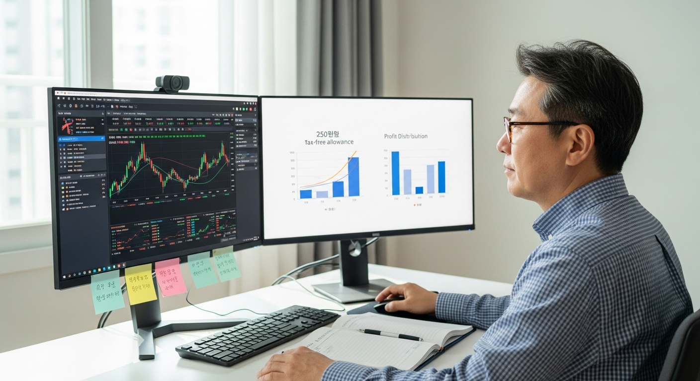해외 주식 수익을 250만 원씩 나누어 매도하는 전략을 세우는 한국 중장년 투자자