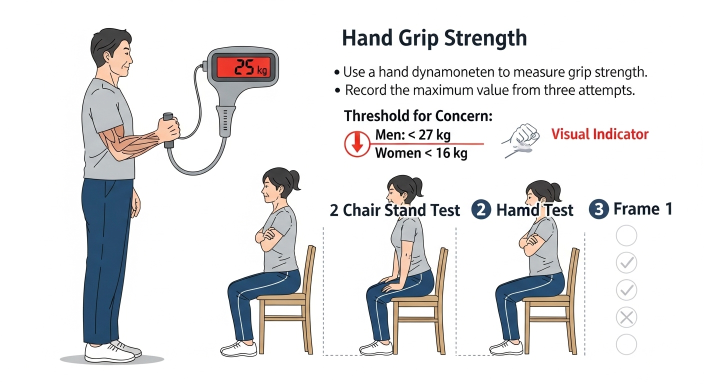 중년 한국인이 근감소증 자가진단 체크리스트를 수행하는 모습과 기준을 설명하는 인포그래픽
