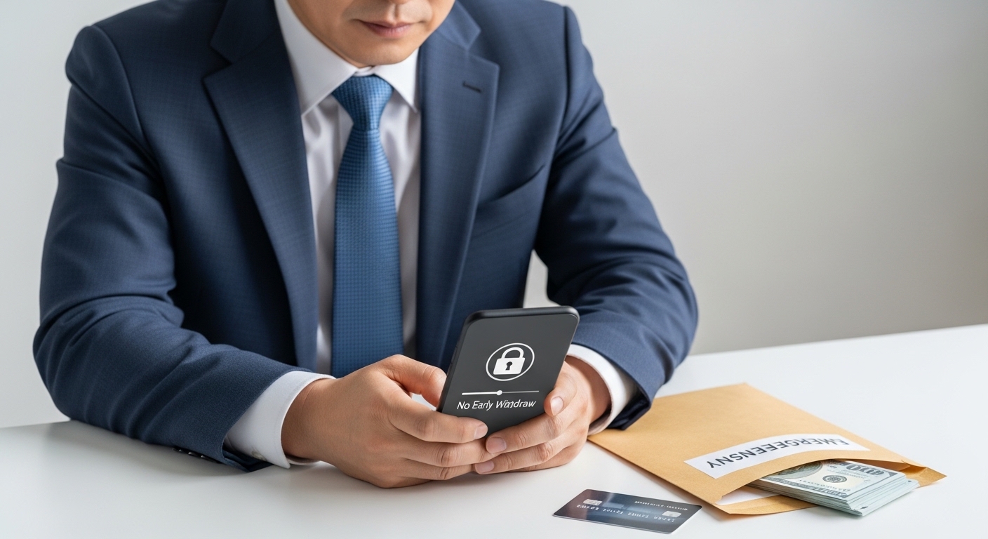 중도 해지 불가와 비상금 분리를 시각화한 40대 초반 한국인 남성