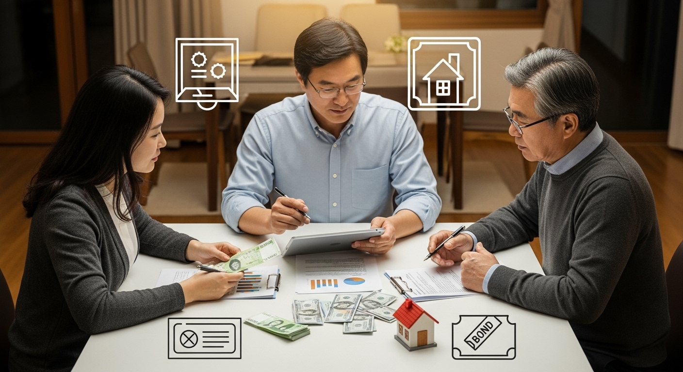 40대 50대 60대가 함께 환율과 달러 자산 분산 투자 전략을 상의하는 모습