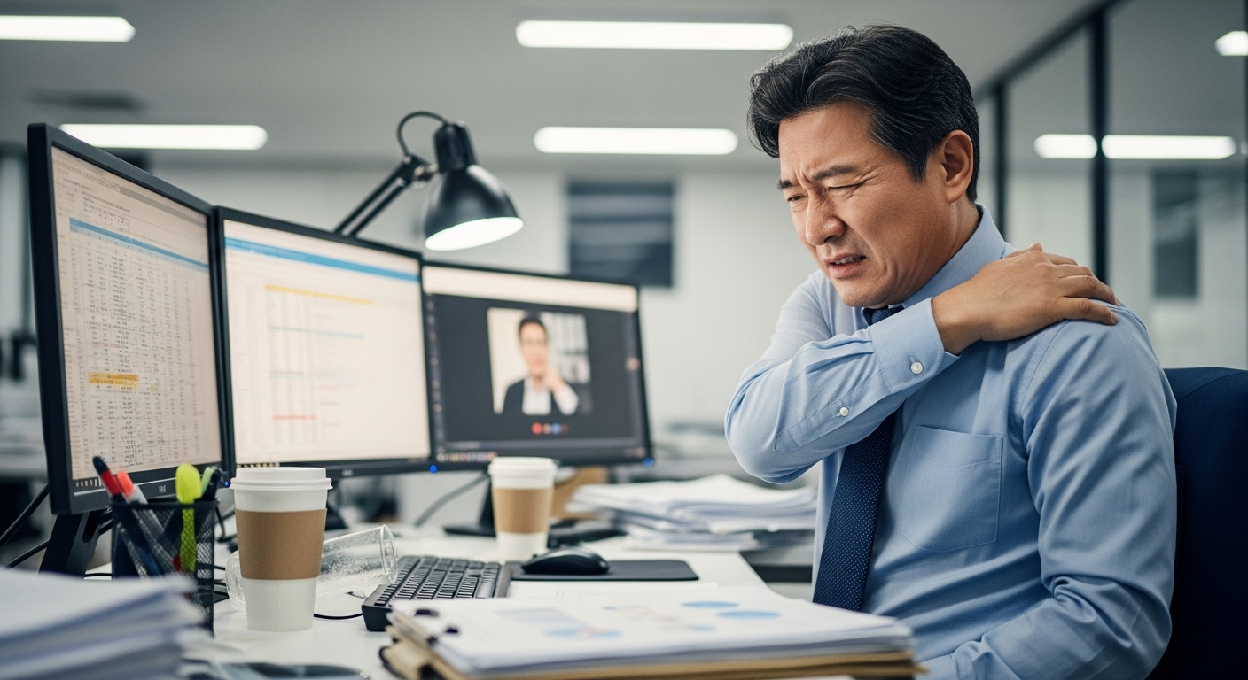 장시간 앉아서 일하며 목과 어깨 통증을 겪는 한국인 중년 사무직 직장인