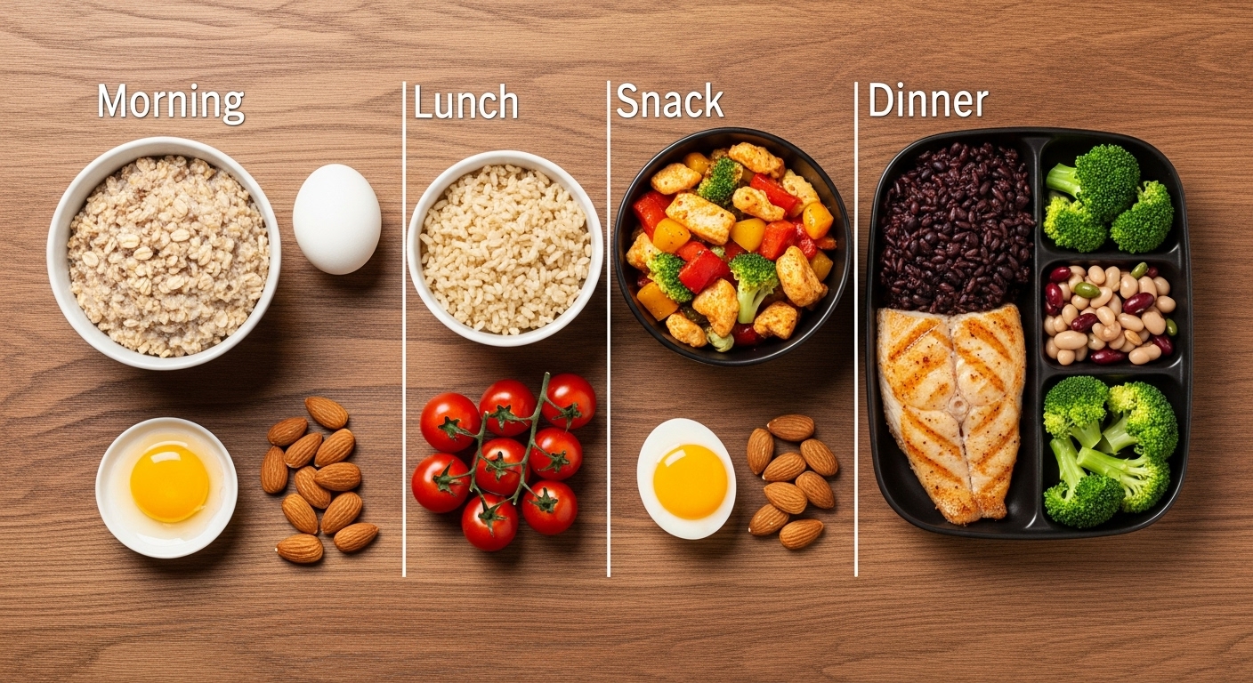 아침, 점심, 간식, 저녁으로 구성된 당뇨 환자 하루 식단 예시를 한눈에 보여주는 상차림