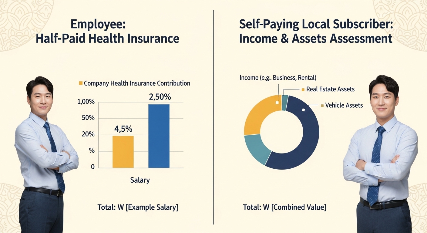 직장가입자와 지역가입자의 건강보험료 부과 구조 비교 인포그래픽