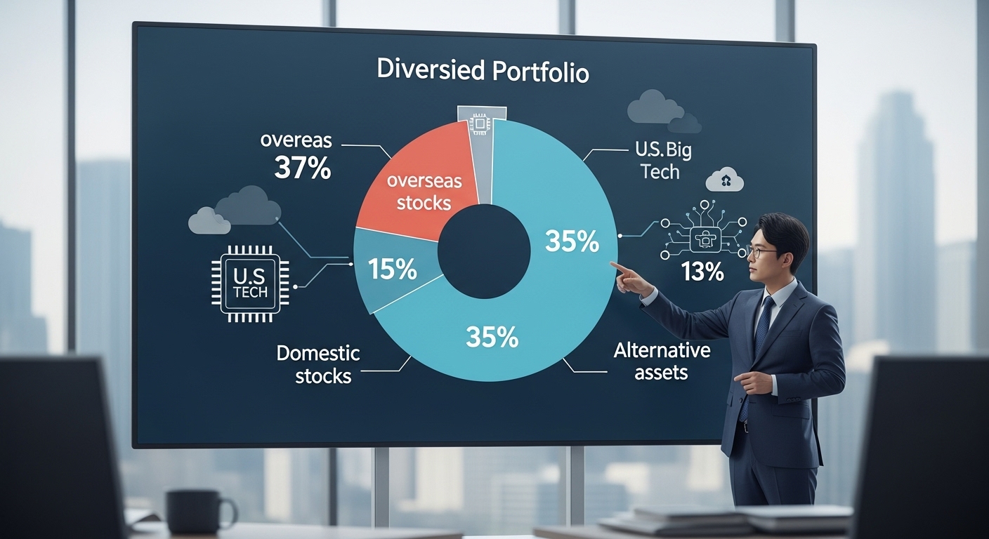 해외 주식과 기술주 비중이 높은 국민연금 자산 배분을 설명하는 장면