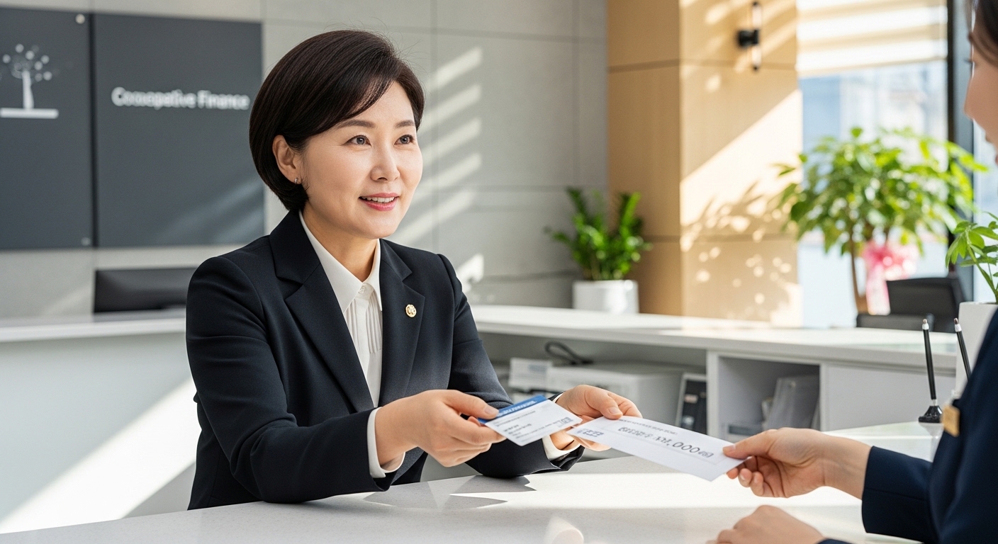 상호금융 조합에서 조합원 가입 후 저율과세를 준비하는 한국인 중년 여성