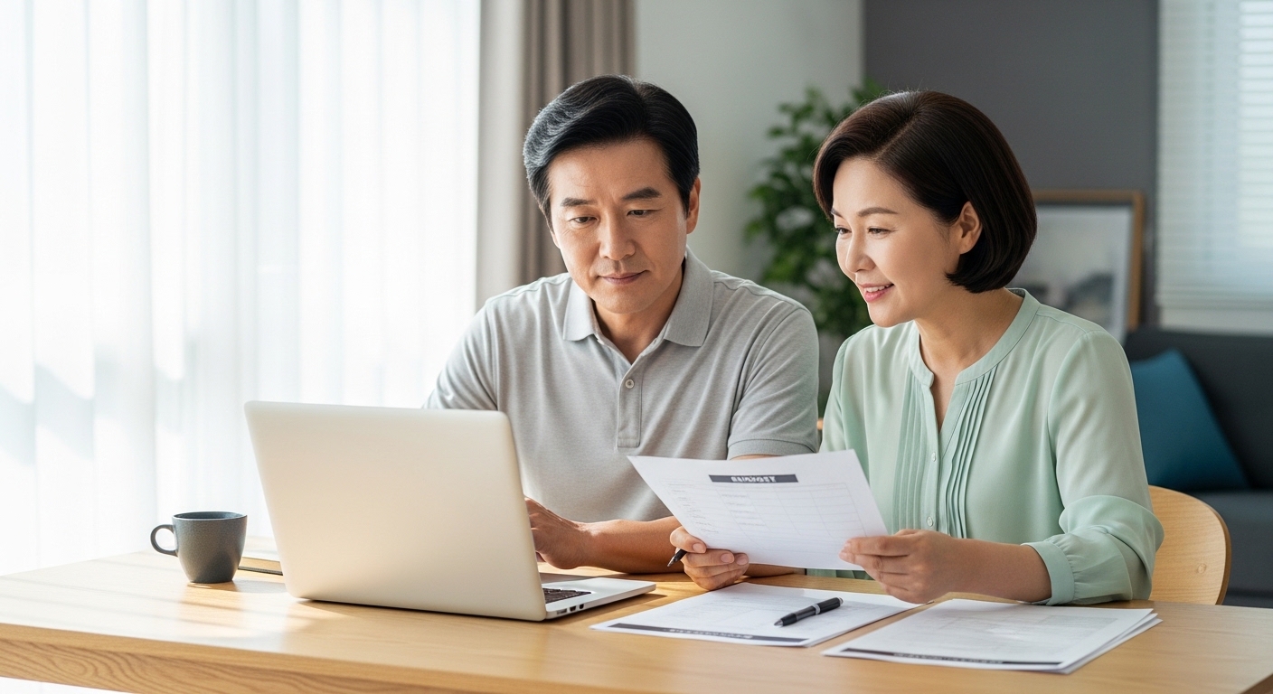 거실에서 노후 자산 계획을 점검하는 한국인 중년 부부