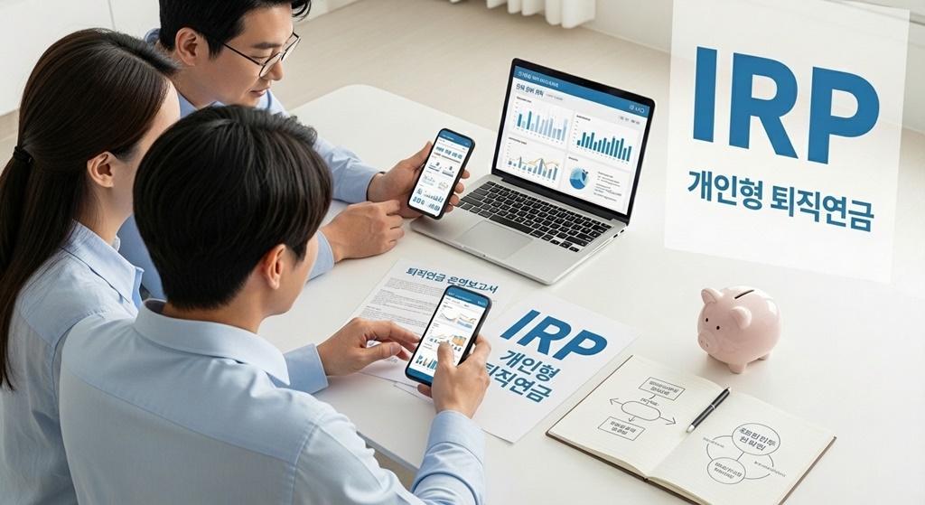 IRP로 퇴직금을 관리하는 한국인 직장인 부부가 노후 자금을 계획하는 모습