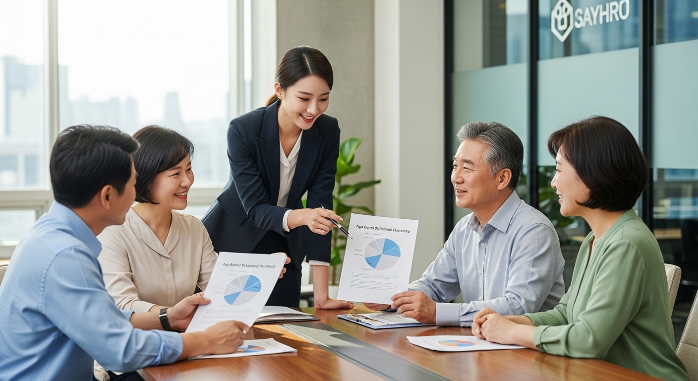 40대 50대 60대 한국인들이 재무 상담가와 함께 연령대별 배당 투자 전략을 상담하는 장면