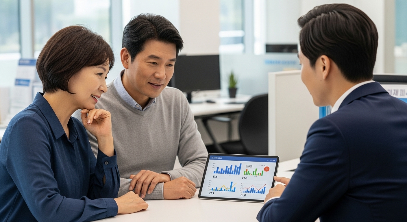 중장년 부부가 증권사 창구에서 직원과 ELS DLS ELB DLB 상품을 상담하는 모습