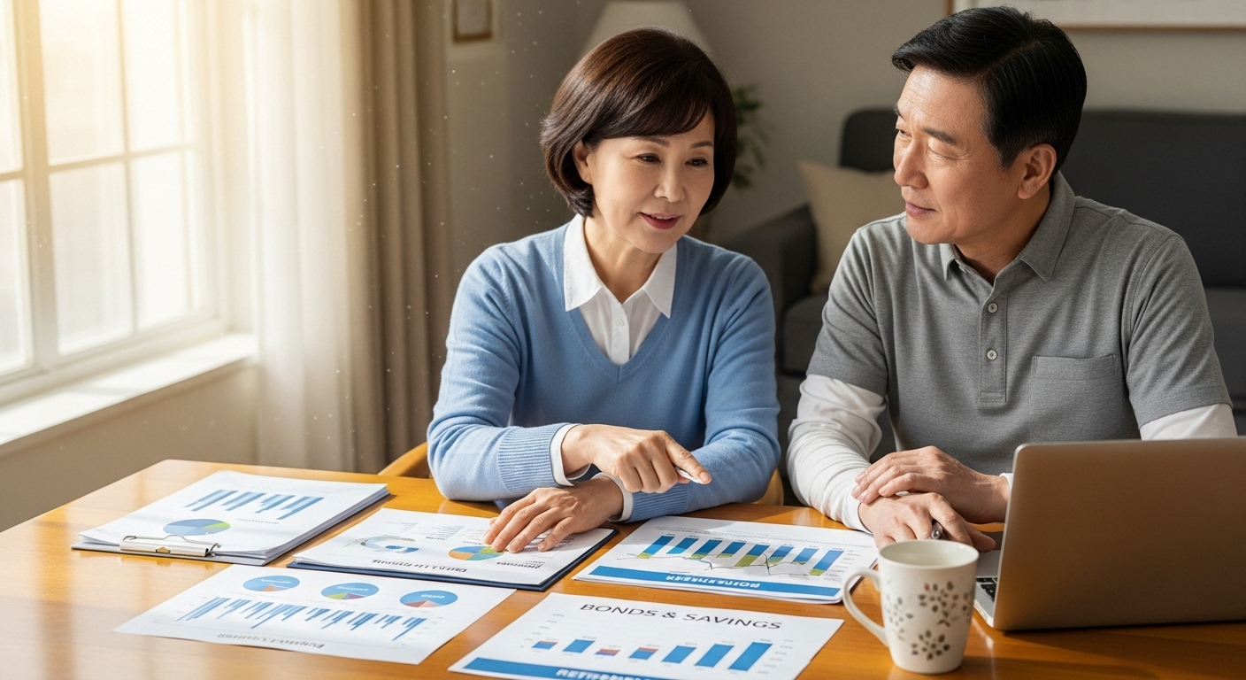 은퇴 자금을 위해 안전한 채권 투자를 고민하는 중장년 한국인 부부의 모습