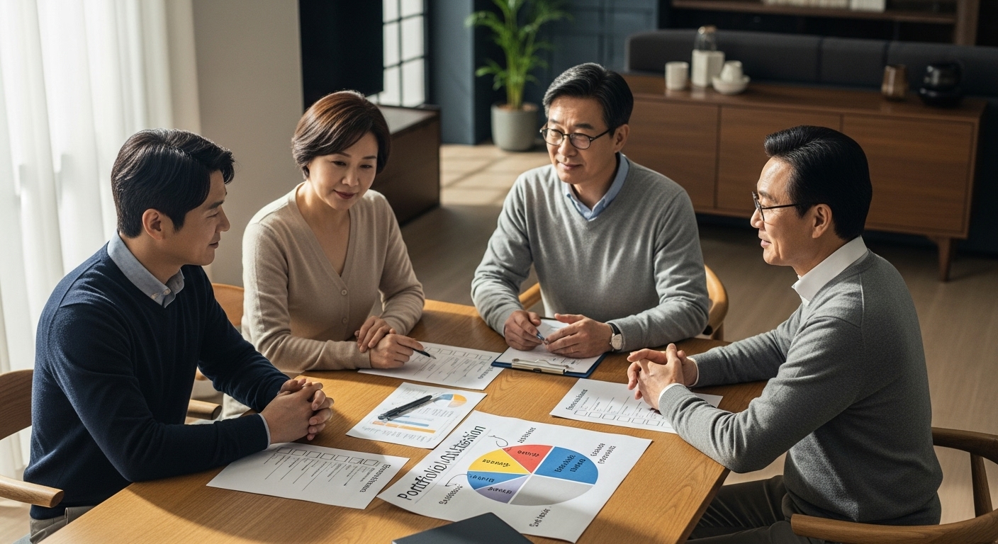 40대 50대 60대 가족이 연금보험과 주식 투자 비중을 나누어 포트폴리오를 상의하는 모습