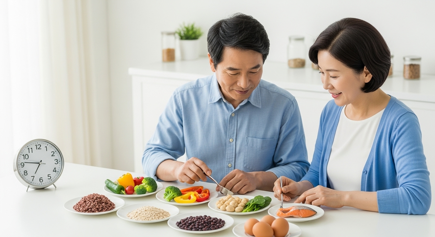 당뇨 식단의 기본 원칙인 규칙적인 식사 시간과 알맞은 양, 다양한 음식을 준비하는 중장년 한국인 부부