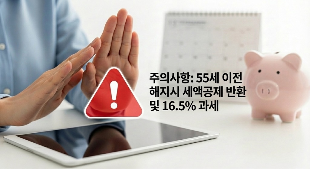 연금저축 중도해지와 세금 등 주의사항을 상징적으로 보여주는 한국인 손과 경고 화면