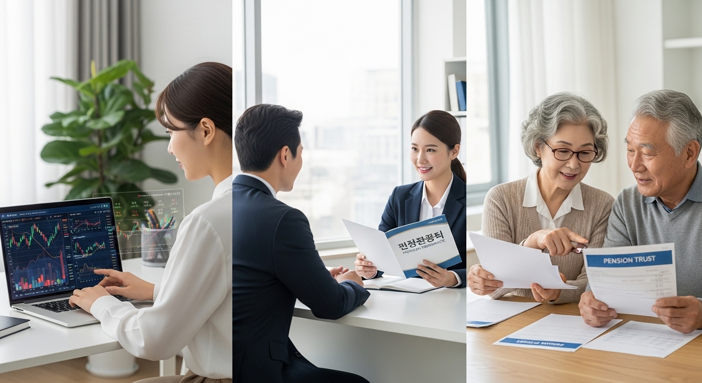 연금저축펀드, 연금저축보험, 연금저축신탁 세 가지 상품을 비교하는 다양한 연령대 한국인의 모습