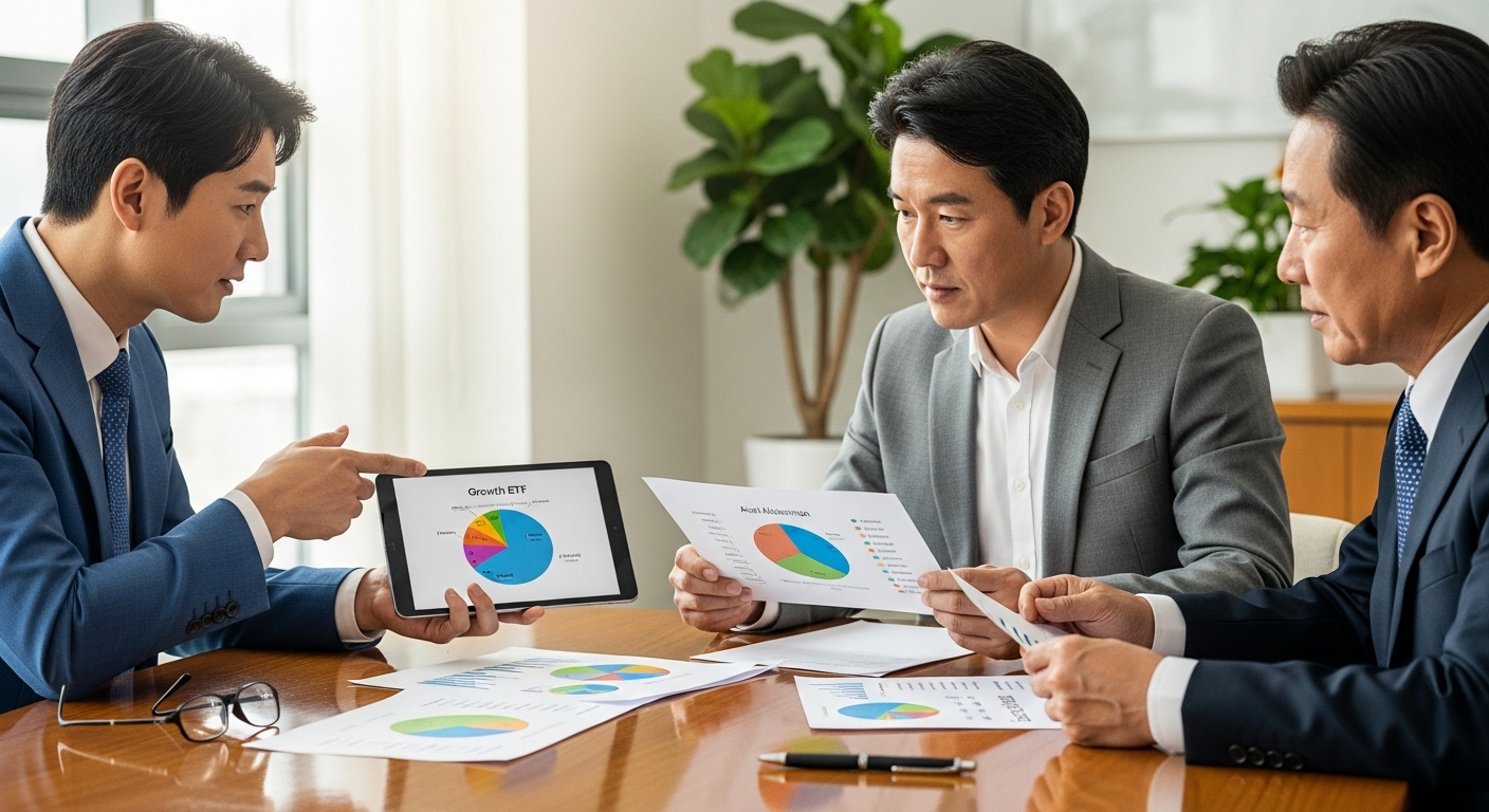 40대 50대 60대별로 커버드콜 ETF 비중이 다른 포트폴리오를 상담하는 한국인 투자자들