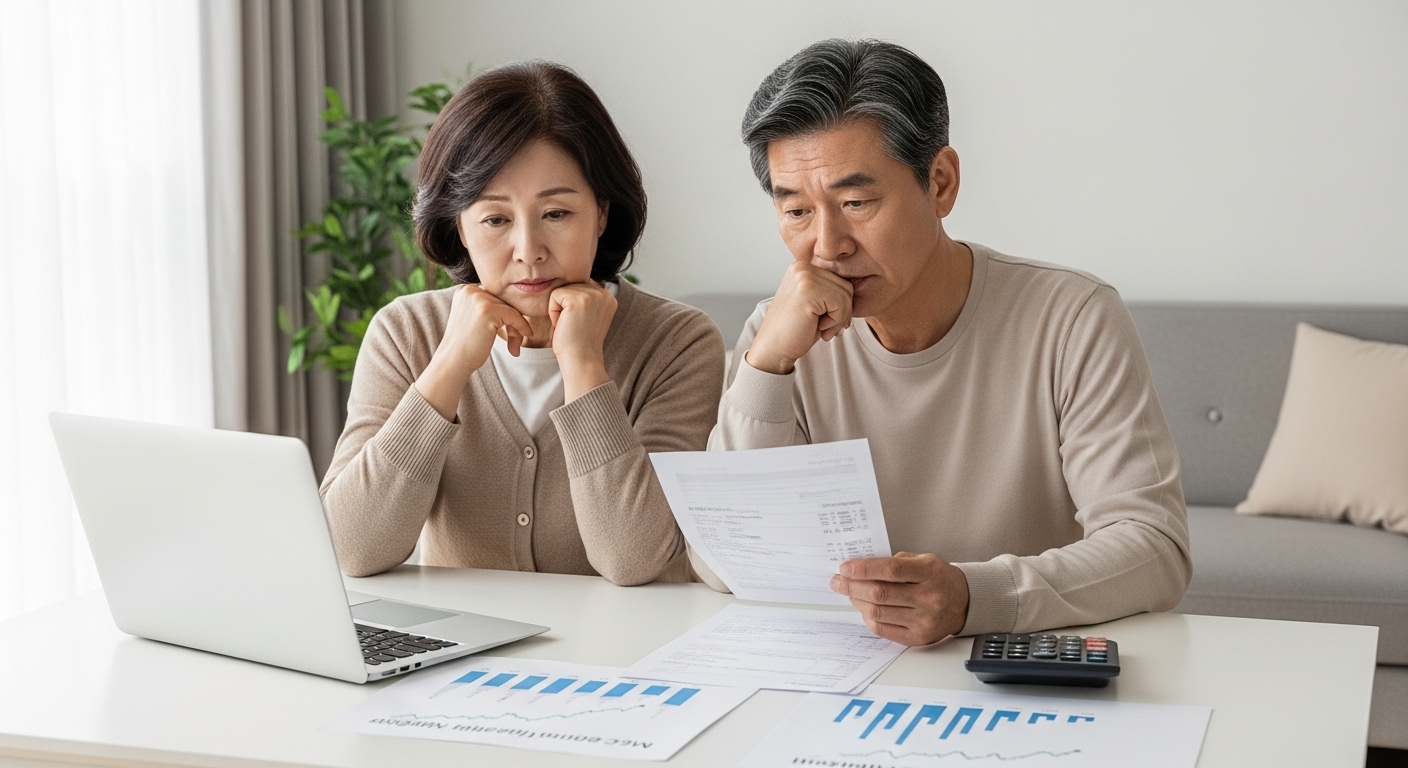 퇴직을 앞둔 50대 한국인 부부가 건강보험료 폭탄을 걱정하며 노트북과 서류를 확인하는 장면