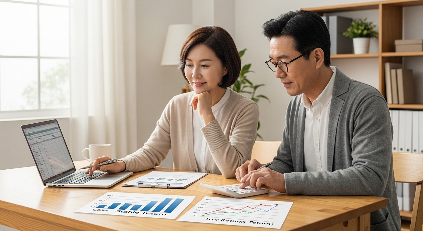 안정적인 연금보험과 수익률이 높은 상품을 비교하며 고민하는 50대 한국인 부부