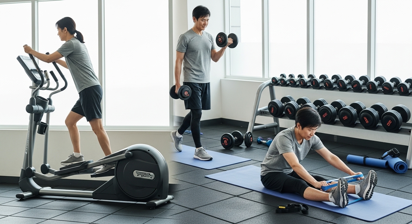 중년 한국인이 실내에서 유산소, 근력, 스트레칭 운동을 하는 모습