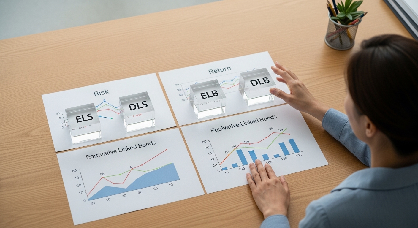 ELS DLS ELB DLB 네 가지 상품의 위험과 수익 차이를 직관적으로 비교하는 장면