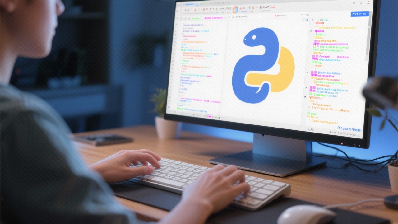 초보자 친화적인 파이썬 프로그래밍 설정을 보여주는 컴퓨터 화면과 키보드 타이핑 이미지