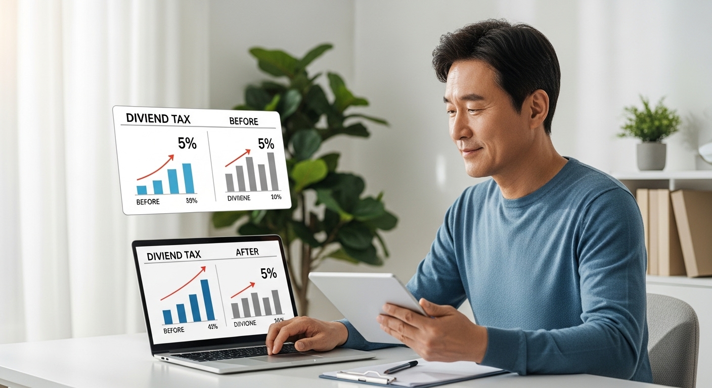 50대 한국인 남성이 배당소득 분리과세로 인한 절세 효과를 비교해보는 모습