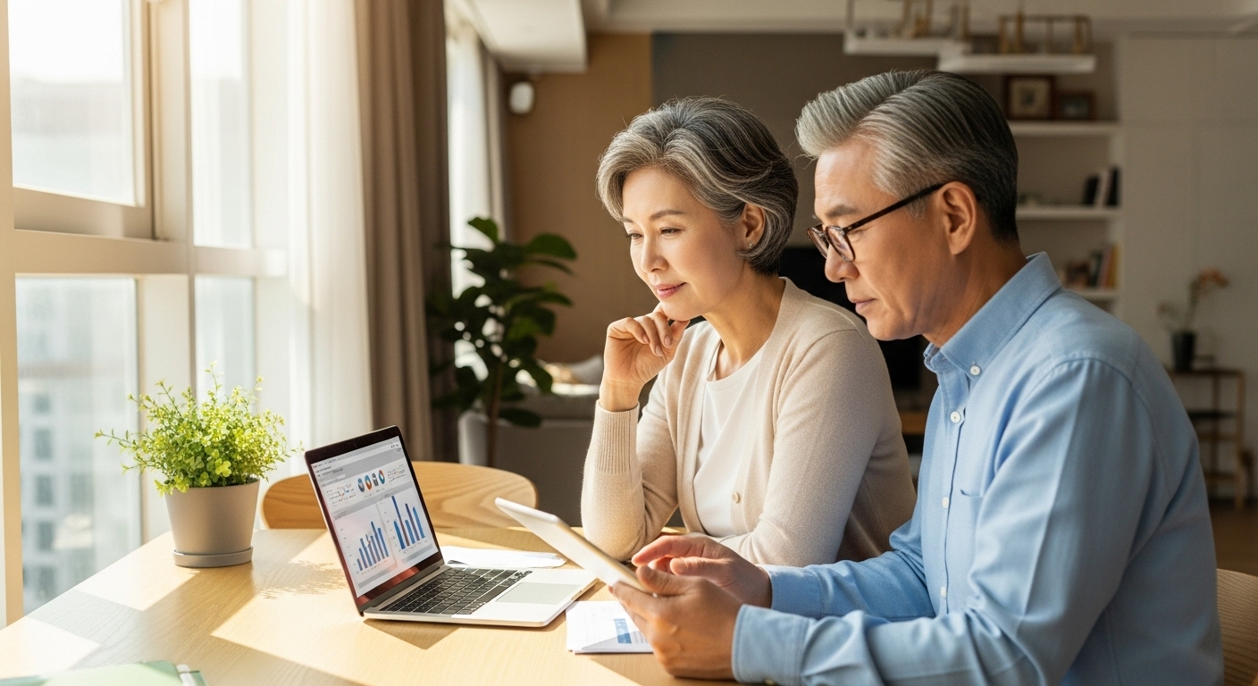 은퇴 후 커버드콜 ETF로 매달 배당금을 점검하는 50대 한국인 부부 모습