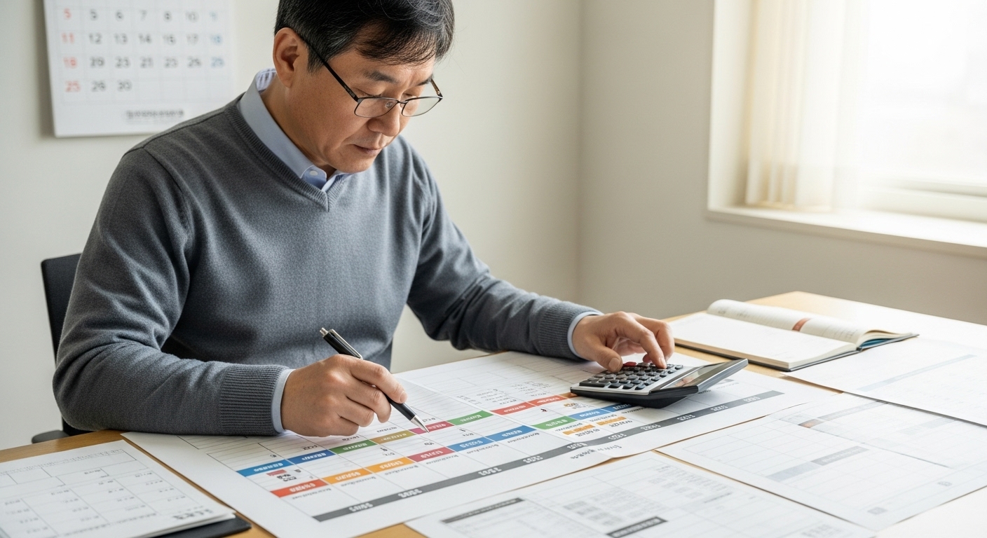 퇴직 2년 전부터 예금 만기를 여러 해로 분산해 건보료 폭탄을 피하려는 50대 한국인의 계획 세우는 모습