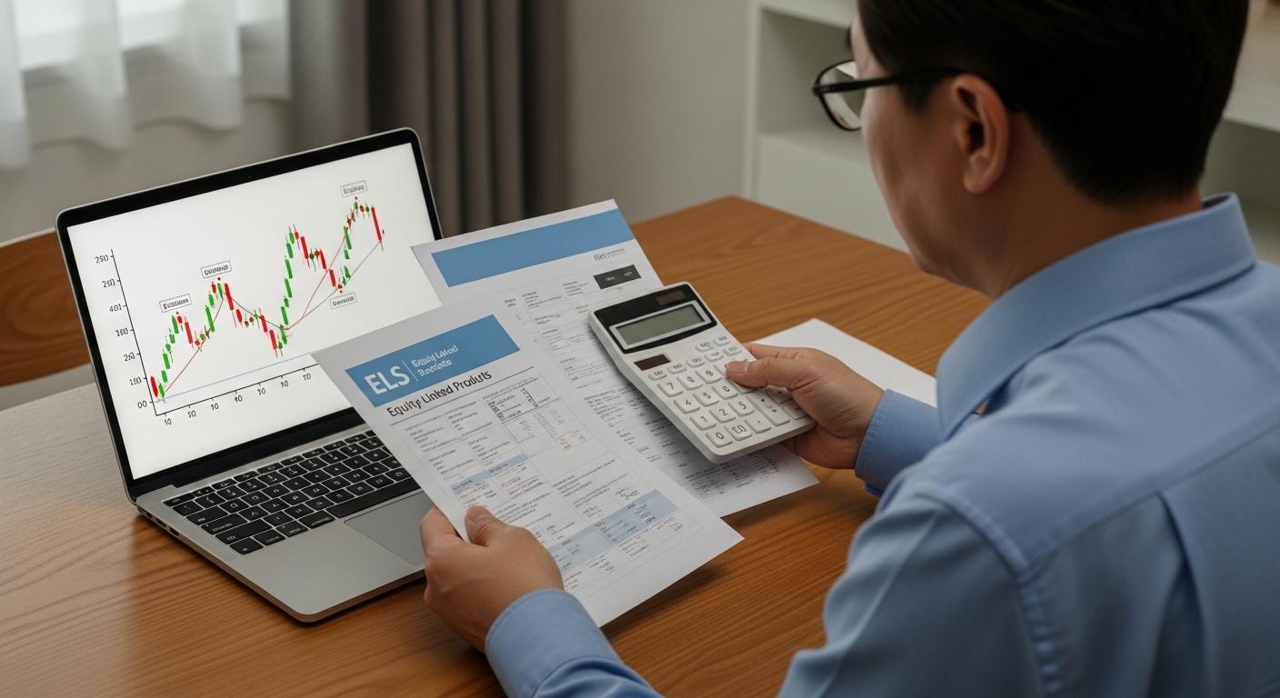 50대 한국인 남성이 집에서 ELS 구조와 수익 조건을 차트로 살펴보는 장면