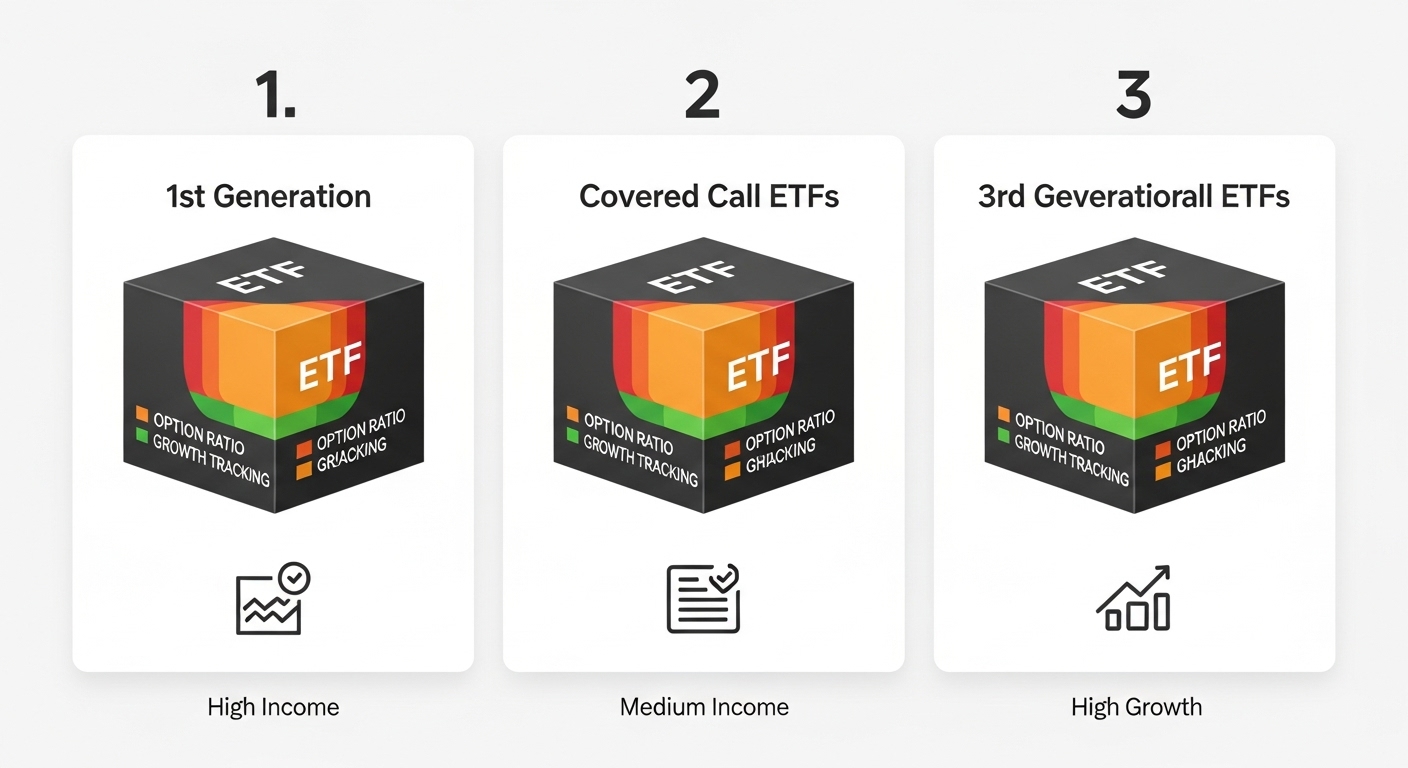 1세대 2세대 3세대 커버드콜 ETF의 옵션 비중과 배당률 차이를 보여주는 비교 인포그래픽
