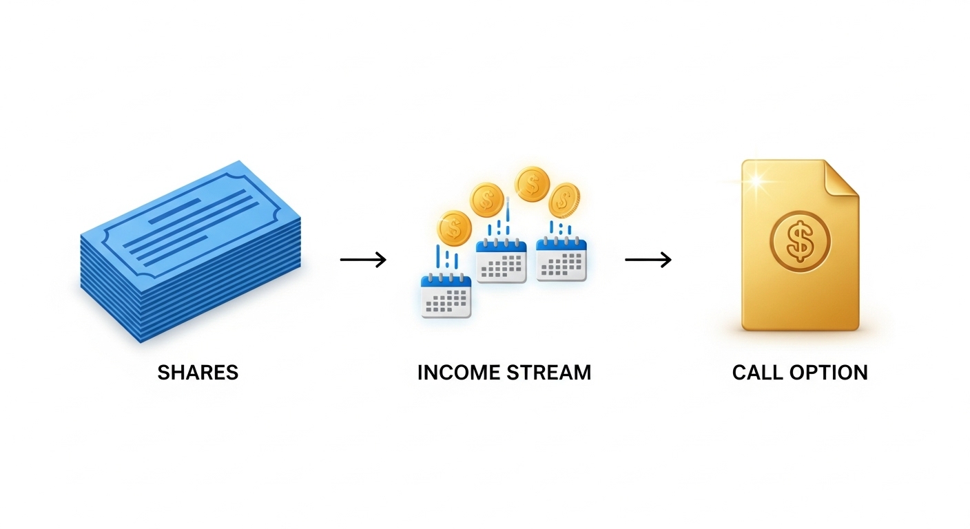 주식 보유와 콜옵션 매도를 결합해 현금 흐름을 만드는 커버드콜 구조 개념도