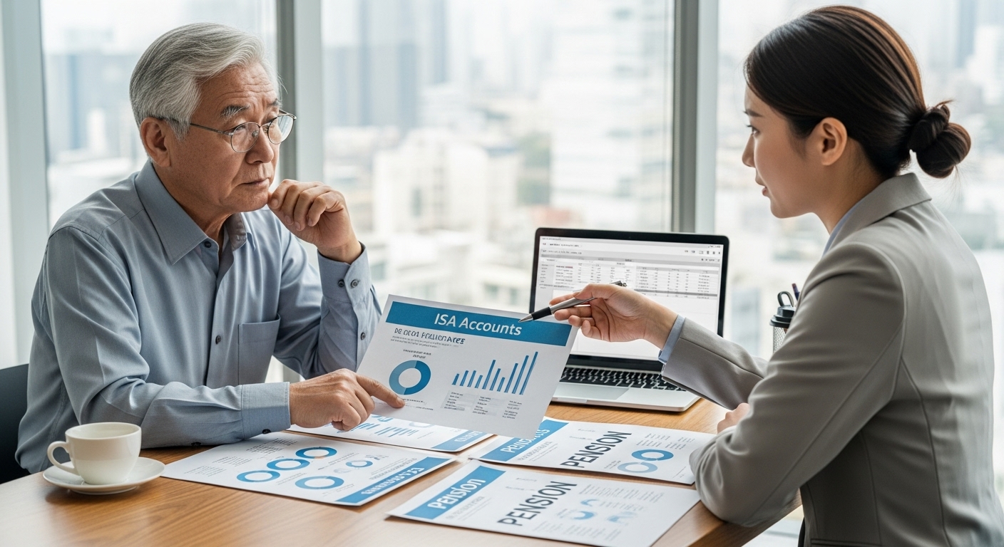 ISA 계좌와 연금 서류를 검토하며 절세 전략을 상의하는 한국인 노년 남성