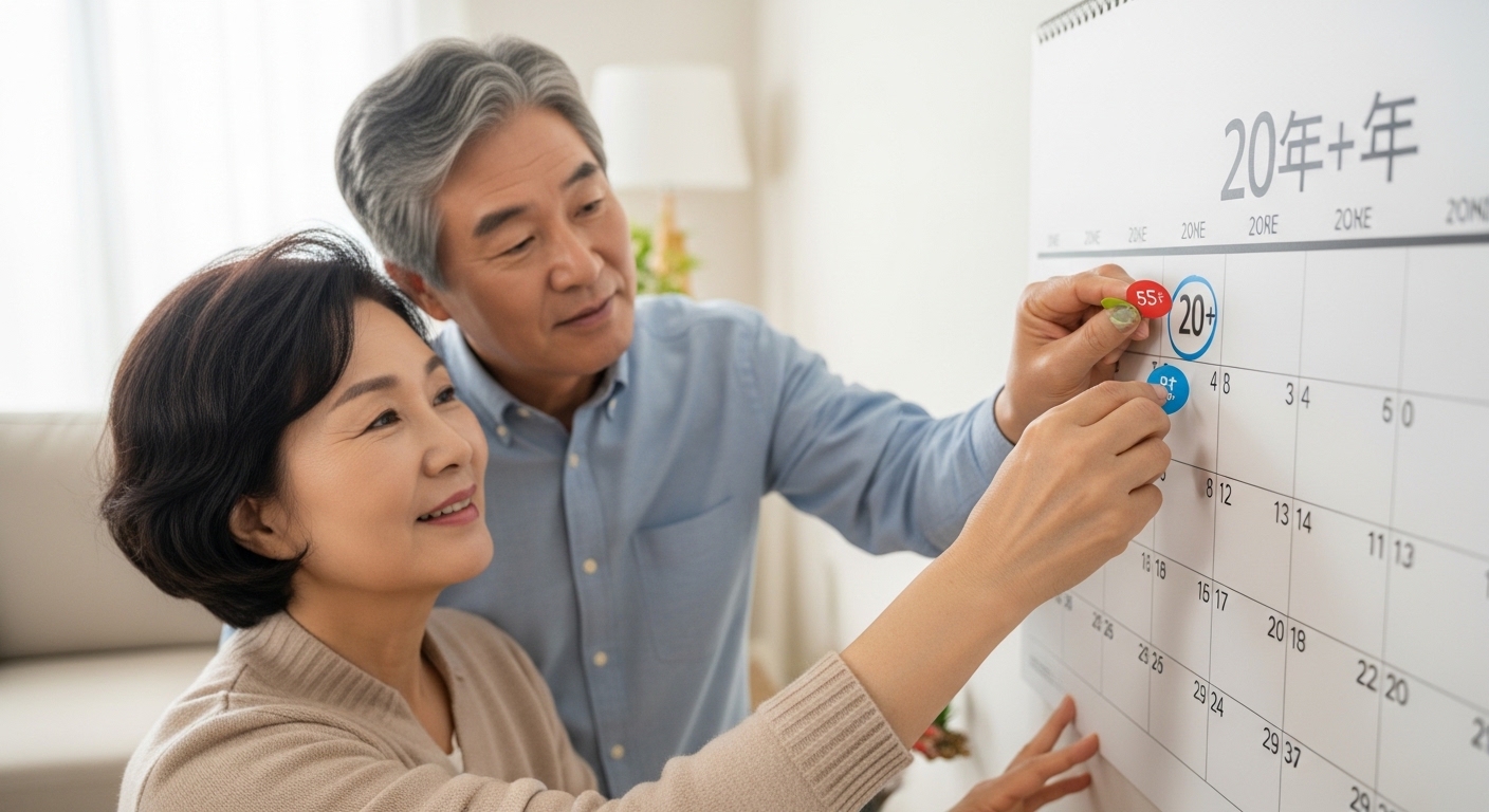 55세부터 연금을 시작해 20년 이상 수령 계획을 세우는 한국인 부부의 달력 표시