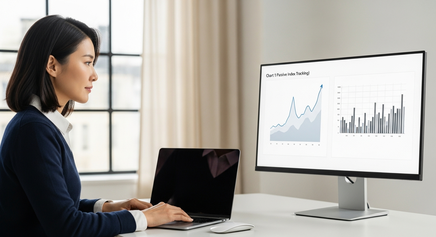 홈오피스에서 패시브와 액티브 ETF 개념을 비교하며 모니터 차트를 보는 40대 초반 한국인
