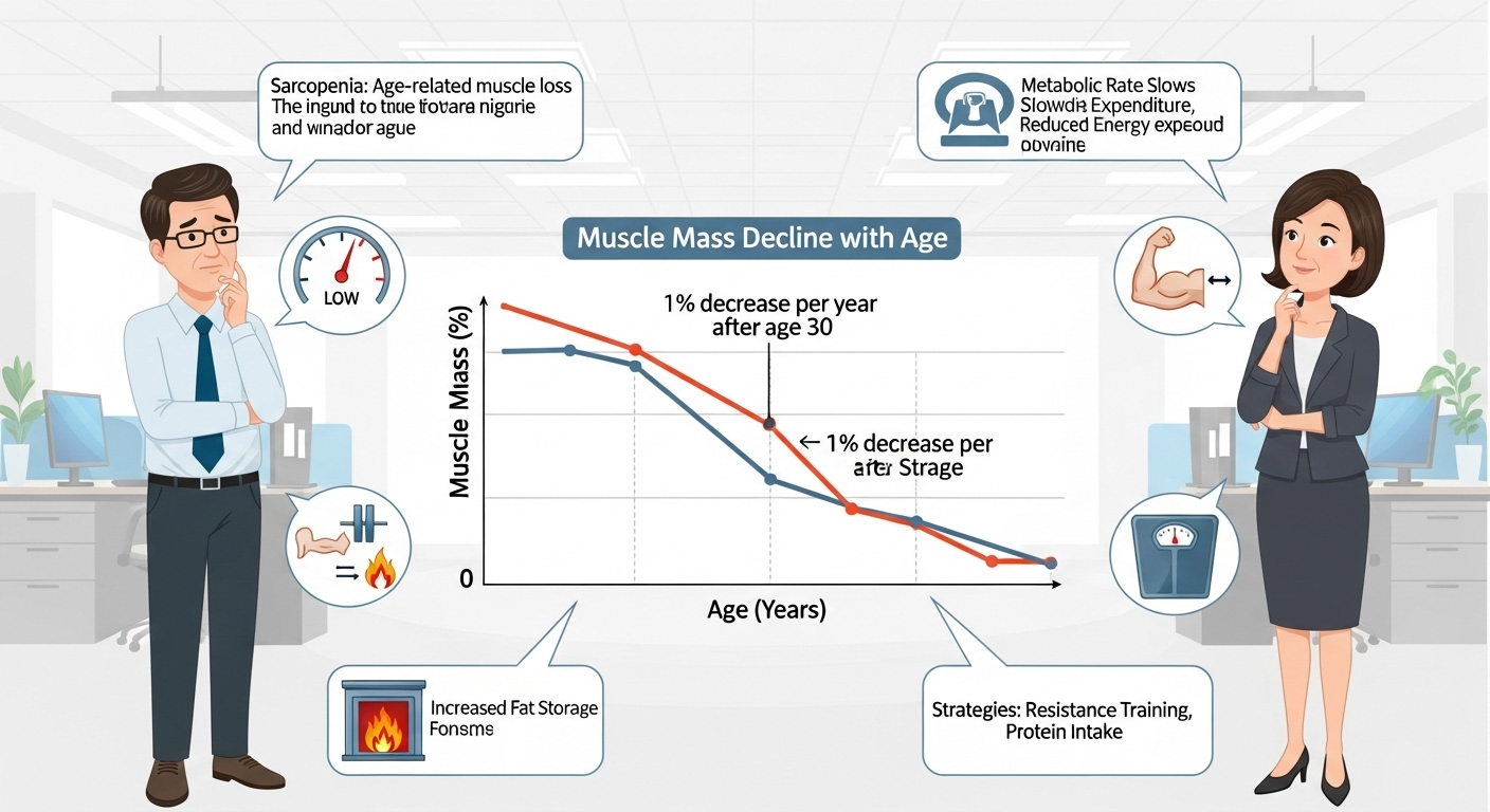 기초대사량 감소와 근육량 줄어드는 현상을 설명하는 인포그래픽