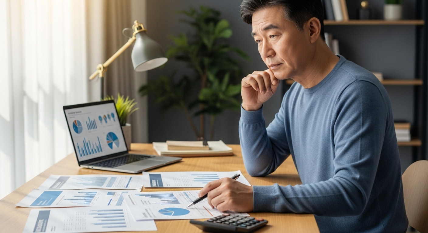 은퇴 재무 계획 시작을 고민하는 한국 중년 남성의 모습