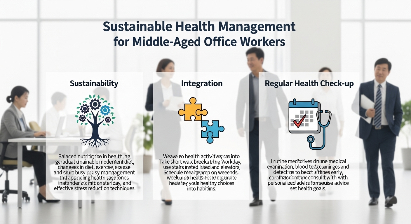 중년 직장인 건강관리 3대 핵심 원칙을 알기 쉽게 표현한 인포그래픽