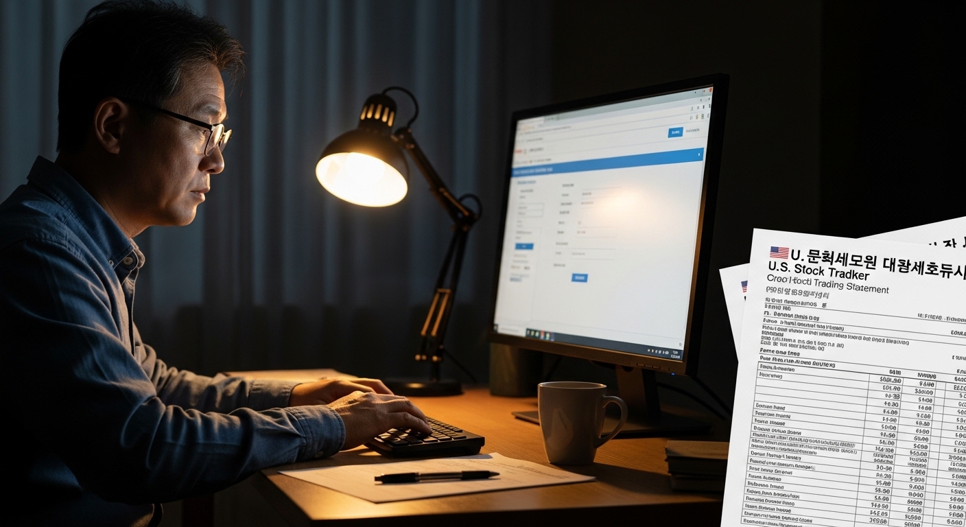 해외 주식 양도소득세를 홈택스로 신고하는 한국 중장년 투자자의 모습