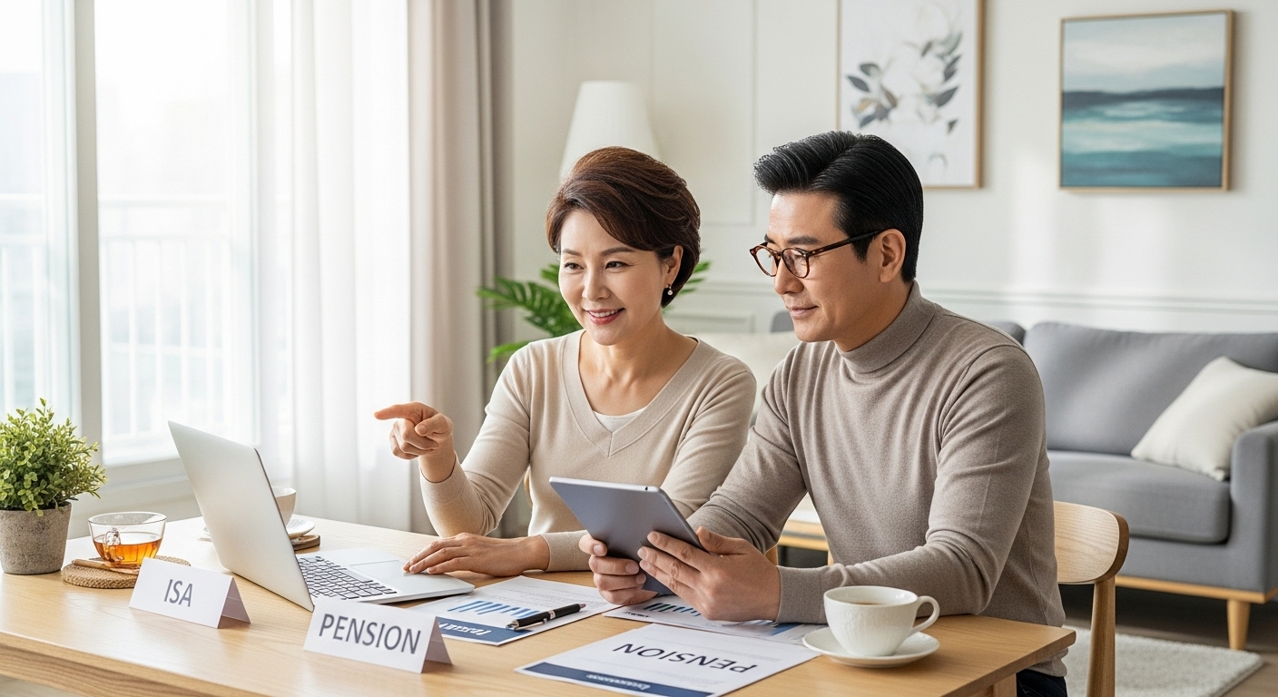 중장년 한국 부부가 거실에서 ISA 계좌와 연금 저축을 함께 보며 노후 자금을 계획하는 모습