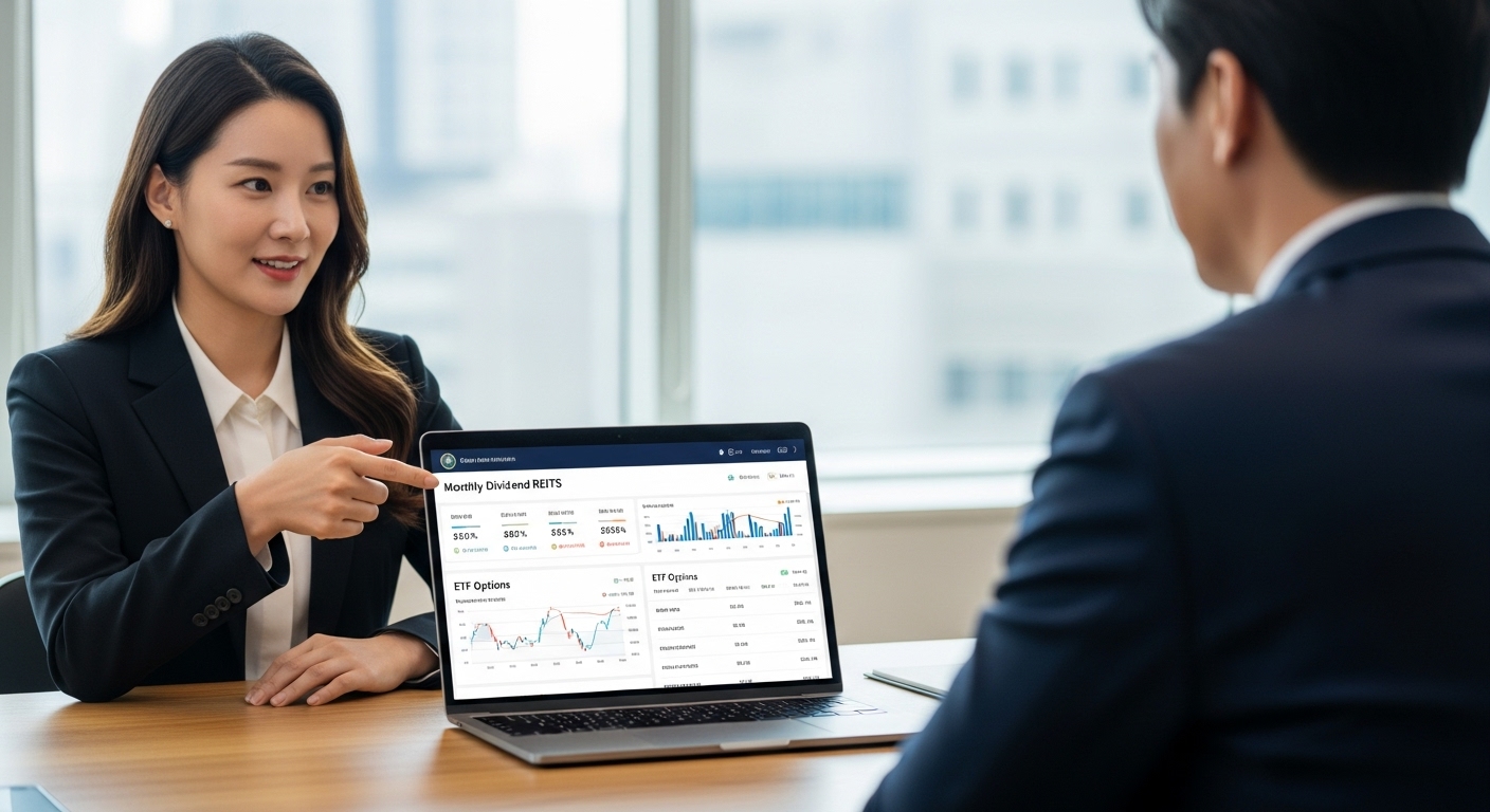 한국인 금융 상담사가 고객에게 월배당 리츠 ETF 투자 옵션을 설명하는 장면