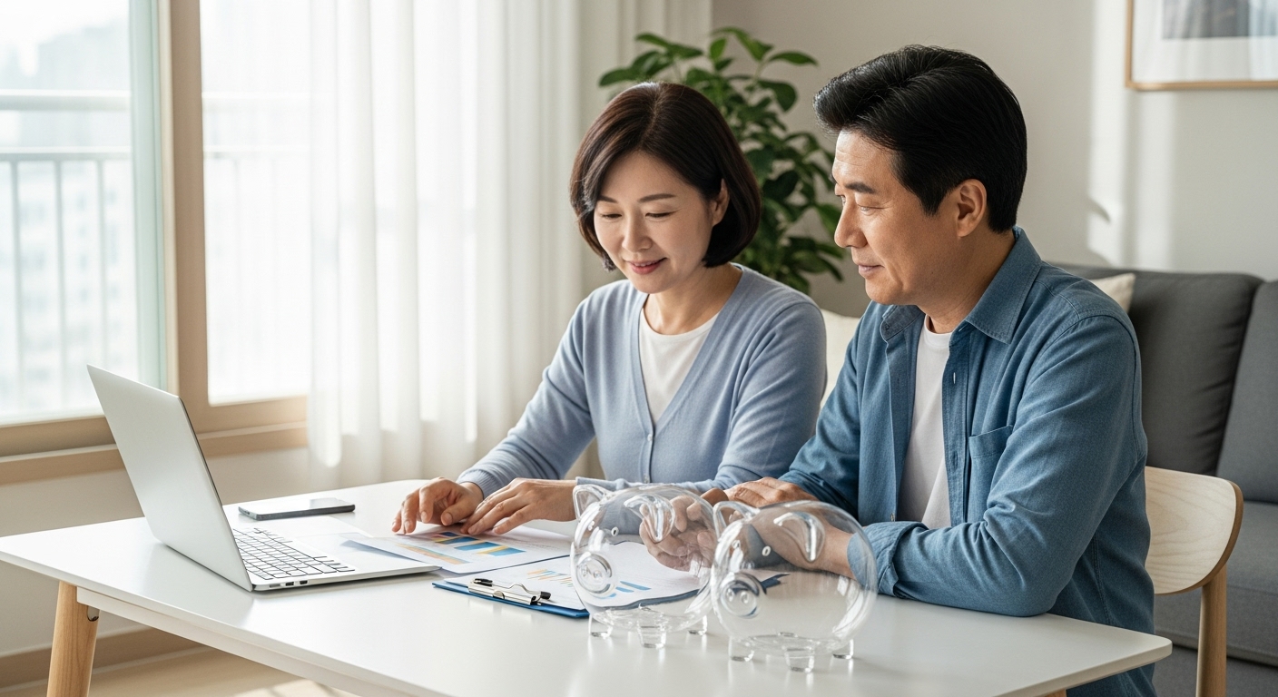 연금저축 계좌를 두 개로 나누는 것을 고민하는 한국인 중장년 부부의 모습
